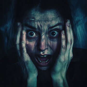 Persecutory delusions of person with mental health problems. Paranoid concept. Obsessive woman in panic, suffer from fears and anxiety. Flat graphic vector illustration isolated on white background