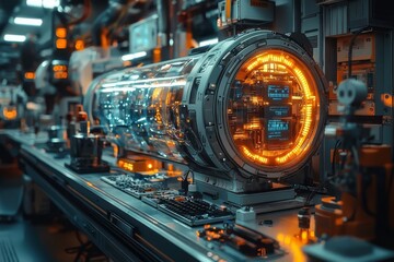 Fototapeta premium Futuristic laboratory showcasing a glowing, high-tech capsule, symbolizing innovation and advanced technology in a sleek, industrial environment.