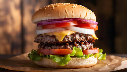 Professional Close-Up Burger Photography &ndash; Ground Beef Patty, Lettuce, Bacon, Onions, Tomatoes, Cucumbers &ndash; Isolated on Black Wooden Background for Food Advertising, Menus, Packaging & Social Media