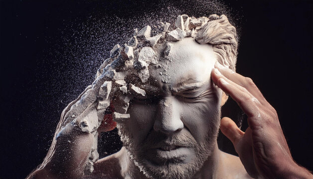 Severe headache and migraine pain, man with painful grimace with head made of stone crumbling, generative ai
