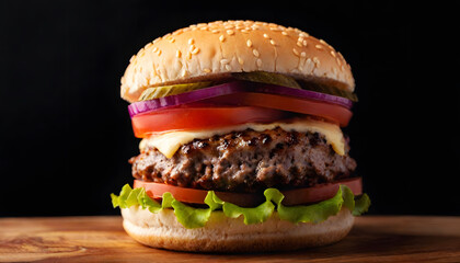 Professional Close-Up Burger Photography &ndash; Ground Beef Patty, Lettuce, Bacon, Onions, Tomatoes, Cucumbers &ndash; Isolated on Black Wooden Background for Food Advertising, Menus, Packaging & Social Media