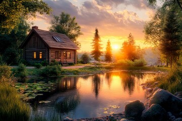 Fototapeta premium Serene sunset over a cozy log cabin beside a tranquil pond surrounded by nature
