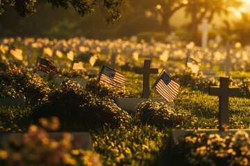 A field of American flags adorning the graves at Midway Cemetery during sunset Generative AI