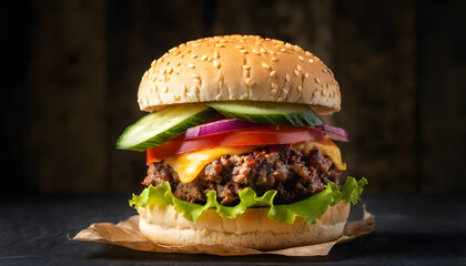 Professional Close-Up Burger Photography &ndash; Ground Beef Patty, Lettuce, Bacon, Onions, Tomatoes, Cucumbers &ndash; Isolated on Black Wooden Background for Food Advertising, Menus, Packaging & Social Media