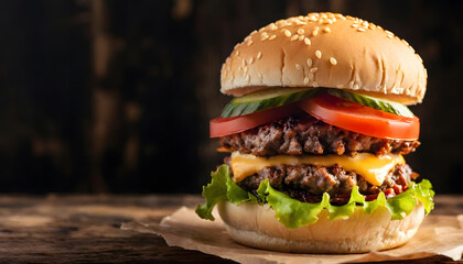 Professional Close-Up Burger Photography &ndash; Ground Beef Patty, Lettuce, Bacon, Onions, Tomatoes, Cucumbers &ndash; Isolated on Black Wooden Background for Food Advertising, Menus, Packaging & Social Media