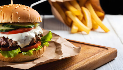 Professional Close-Up Burger Photography &ndash; Ground Beef Patty, Lettuce, Bacon, Onions, Tomatoes, Cucumbers &ndash; Isolated on Black Wooden Background for Food Advertising, Menus, Packaging & Social Media