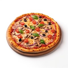 Delicious pizza served on wooden plate isolated on white