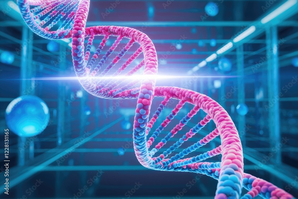 Poster A 3D rendering of a DNA double helix, showcasing its intricate structure and genetic code.