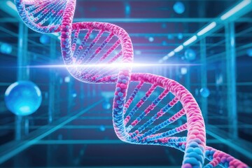 A 3D rendering of a DNA double helix, showcasing its intricate structure and genetic code.