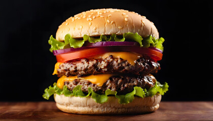 Professional Close-Up Burger Photography &ndash; Ground Beef Patty, Lettuce, Bacon, Onions, Tomatoes, Cucumbers &ndash; Isolated on Black Wooden Background for Food Advertising, Menus, Packaging & Social Media