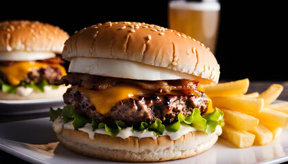 Professional Close-Up Burger Photography &ndash; Ground Beef Patty, Lettuce, Bacon, Onions, Tomatoes, Cucumbers &ndash; Isolated on Black Wooden Background for Food Advertising, Menus, Packaging & Social Media