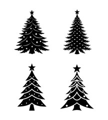Four distinct silhouette designs of Christmas trees for festive decoration or crafting purposes