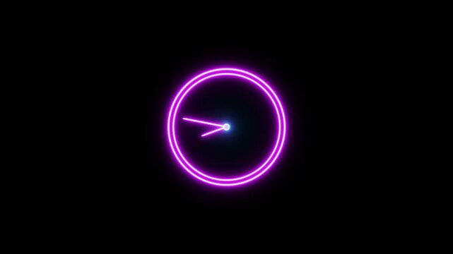 Clock icon neon light magenta red color animation. analogue style digital animated clock neon circle. Black background 4k video. clock with 24 hours running time.