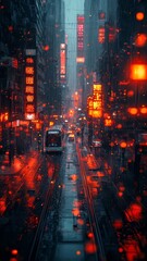 Naklejka premium Vibrant urban street scene at night, featuring glowing neon signs and a tram gliding through rain-soaked streets, evoking a lively, atmospheric city vibe.