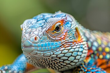 Fototapeta premium Close up of a fiji banded iguana displaying its vibrant and colorful scales in a lush tropical forest setting