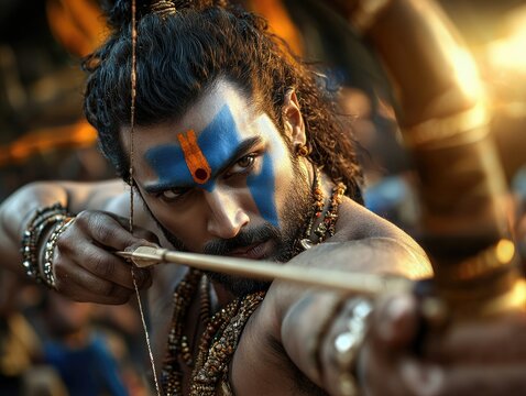 Rama Navami Celebration: honoring Lord Ram with bow and arrow, commemorating his divine birth, symbolizing strength, virtue, and the triumph of good, a significant Hindu festival of faith devotion.