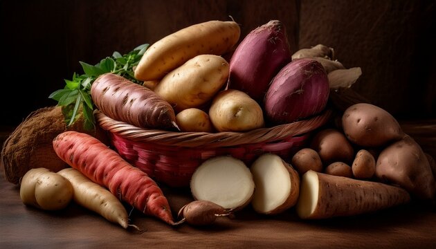 A close-up of various root vegetables, including potatoes, sweet potatoes, and cassava