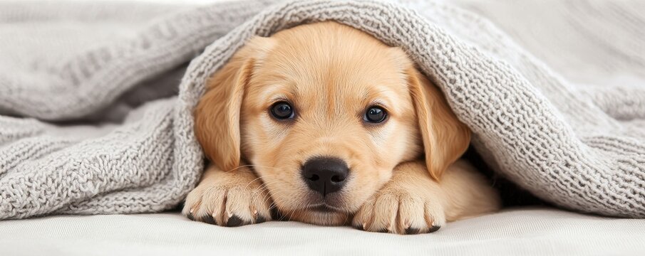 National puppy day with adorable and care idea. Cute puppy peeking out from under a cozy blanket.