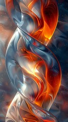 Naklejka premium Abstract fluid art with dynamic orange fire and metallic silver swirls against deep space background. Perfect for modern interior design, phone wallpaper, or creative digital projects.