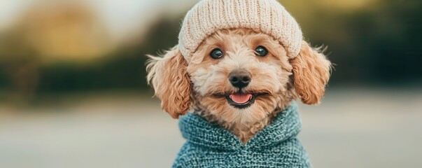 National puppy day with adorable and care idea. Cute dog wearing a knitted hat and sweater outdoors.