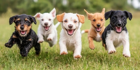 National puppy day with adorable and care idea. Five playful puppies running in a grassy field.