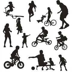 Obraz premium Family people different age outdoors activities hobbies sports and recreation in park vector black silhouettes set large collection.