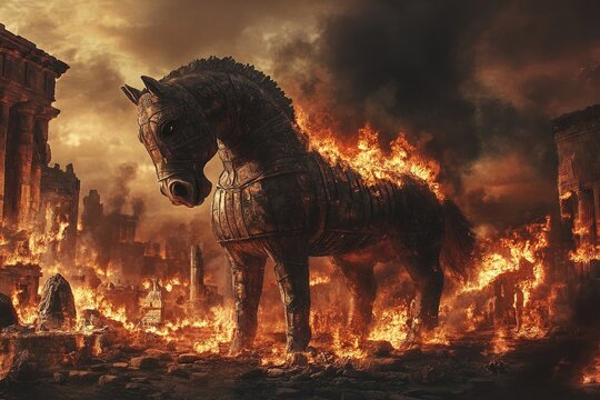 Trojan horse against the burning ruins of Troy. Generative AI