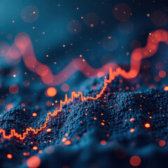 Abstract business graph with sparks and a glowing chart on a dark background with a blurred side like stardust