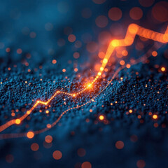 Abstract business graph with sparks and a glowing chart on a dark background with a blurred side like stardust