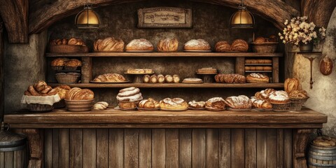 Fototapeta premium A Rustic Bakery's Charm: Freshly Baked Breads and Pastries