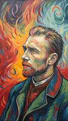 Fototapeta premium Colorful Portrait Of A Man In A Swirling Abstract Background, Painted In An Expressive Style, Ideal For Art Prints, Interior Decor, Creative Branding, Digital Art, And Cultural Promotions