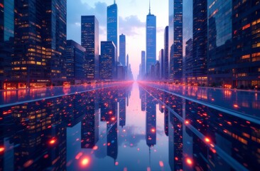 Skyscrapers of a big city, view from the street, around you can see streams of information and data in the form of lights. The concept of cities, megacities, information