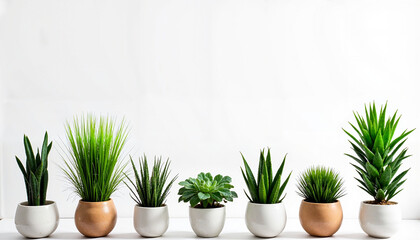 Obraz premium Green plants in decorative pots against a white background