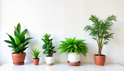 Fototapeta premium Arranged indoor plants on white table against minimalist background