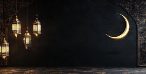 Golden 3D lanterns, crescent moon, and clouds on a black background, ideal for Ramadan Kareem banners and Islamic celebration designs with space for extra text