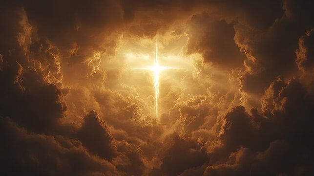 Dramatic Easter Cross Illuminated by Sun Amid Storm Clouds