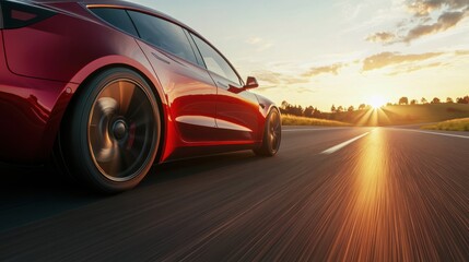 Naklejka premium Red electric car speeding into the sunset