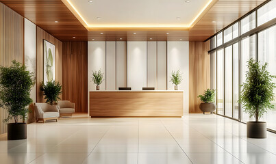 Fototapeta premium Interior of modern hotel lobby with white and wooden walls, tiled floor, wooden reception counter and vertical mock up posters. Generative AI
