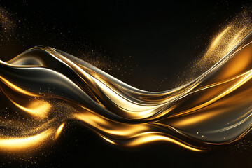 Elegant Flowing Golden Waves with Glowing Particles on a Dark Background, Abstract Futuristic Texture and Luxury Artistic Design