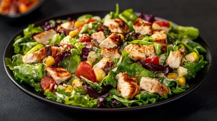 Colorful salad with fresh vegetables and toppings served on a dark plate for visual appeal