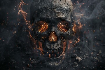 Dark skull with burning embers in eye sockets rising from ashes and flames