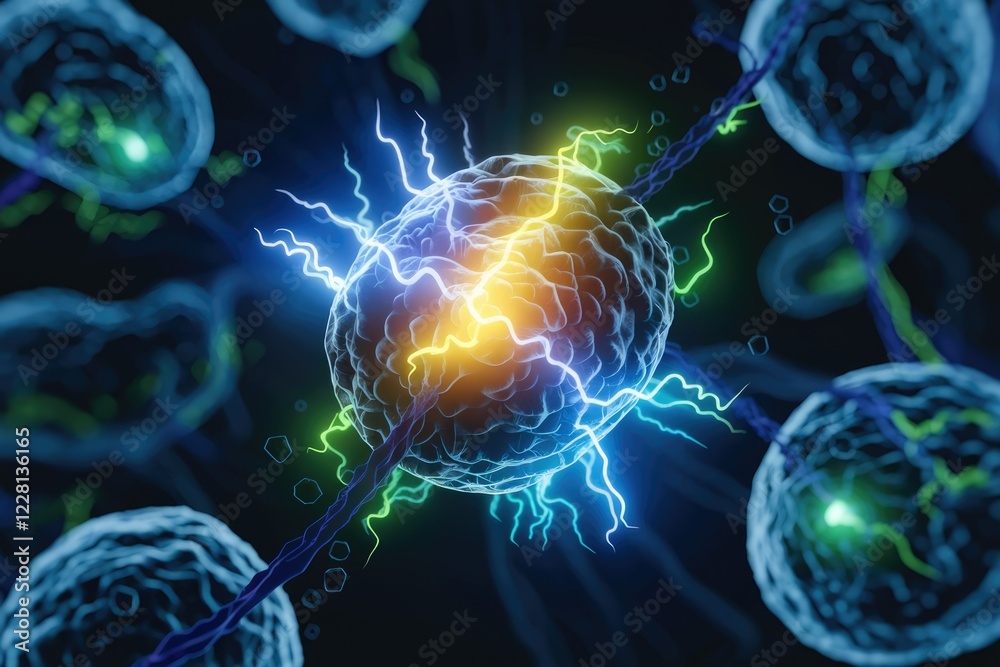 Poster microscopic view of cells interconnected by glowing energy, possibly depicting neural communication 