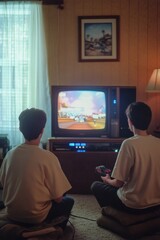 Fototapeta premium Two teenage gamer playing a video game on a vintage TV in a cozy, retro-styled living room. Perfect for themes of nostalgia and home leisure. Generative AI