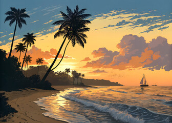 Tropical beach sunset with palm trees and ocean wavesTropical beach sunset with palm trees and ocean waves, wallpaper HD of painting, digital oil painting Canvas.