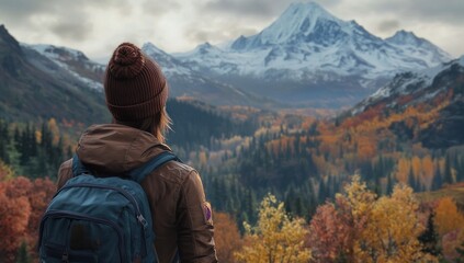 Fototapeta premium Autumnal Mountain Majesty: A Hiker's Gaze