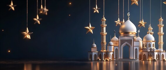 Obraz premium Golden mosque with Arabic ornamental frame in 3D Ramadan Kareem banner, dark background, blank space for text or graphics, greeting card template