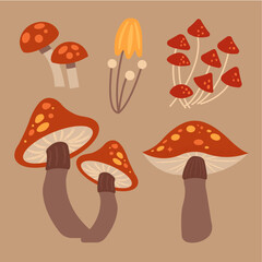 Naklejka premium Mushrooms in fall color palette. Vector. Flat icons. 