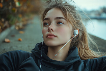 Young athlete relaxes by the water while listening to music