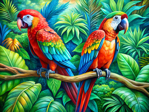 Two colorful parrots on a tree branch in a tropical jungle, wallpaper HD of painting, digital oil painting canvas.