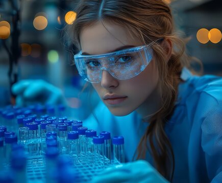 Focused female scientist in lab coat and safety goggles examining test tubes, showcasing innovation and precision in a modern laboratory setting. - Powered by Adobe